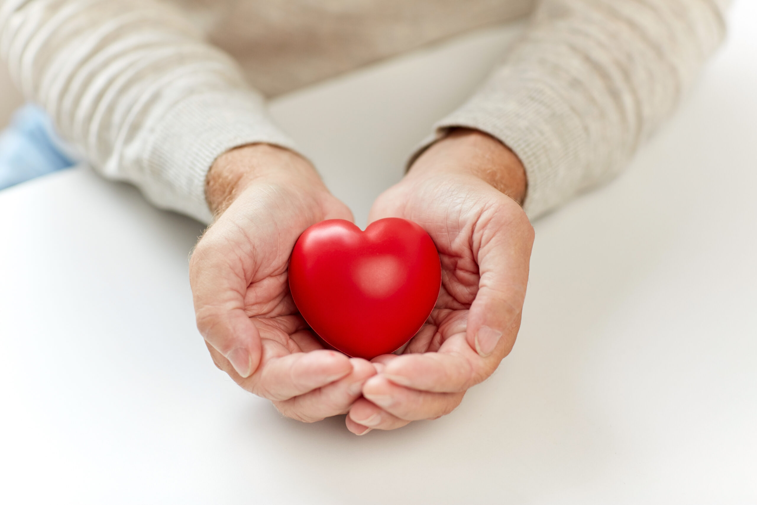 "close up of senior hands holding a red heart"