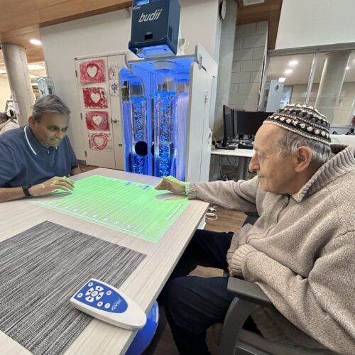 Two clients interact with the OMI projector