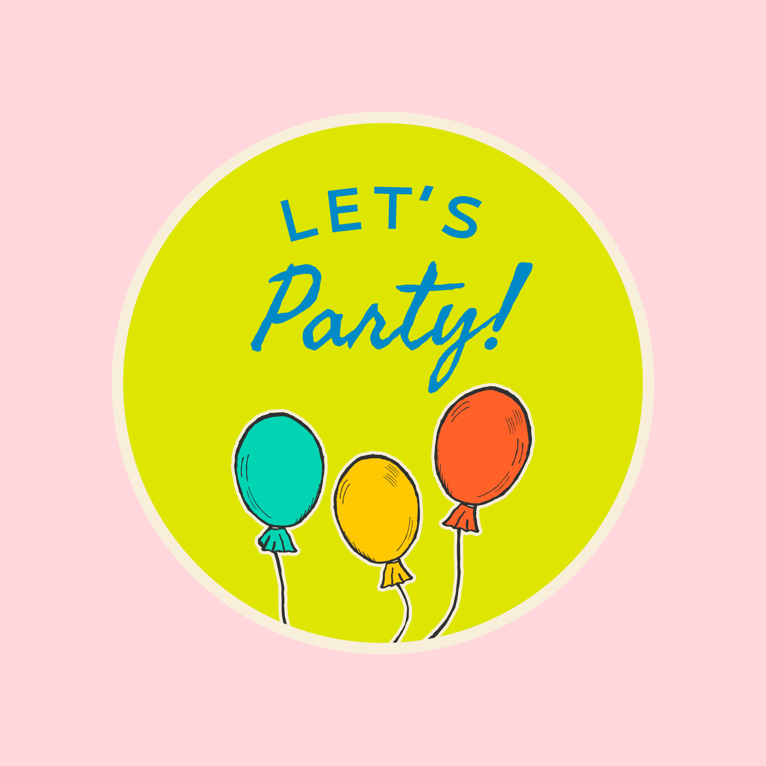 "let's party text and three balloons in green circle, illustration"