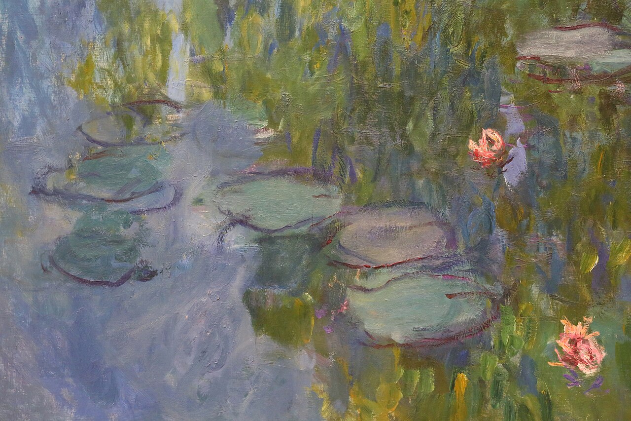 "Water Lillies painting by Claude Monet, lillies on water, grass"