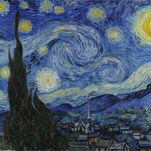 "The Starry Night painting by Vincent van Gogh, dark blue background with yellow stars and moon"