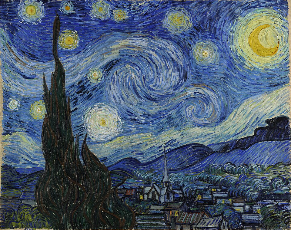 "The Starry Night painting by Vincent van Gogh, dark blue background with yellow stars and moon"