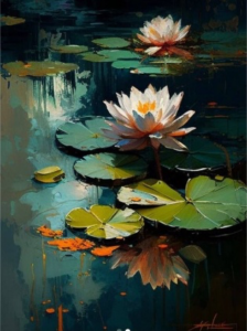 "Painting, water lilies lotus flowers on water"