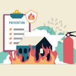 "Fire prevention at home, fire extinguisher, clipboard illustration"
