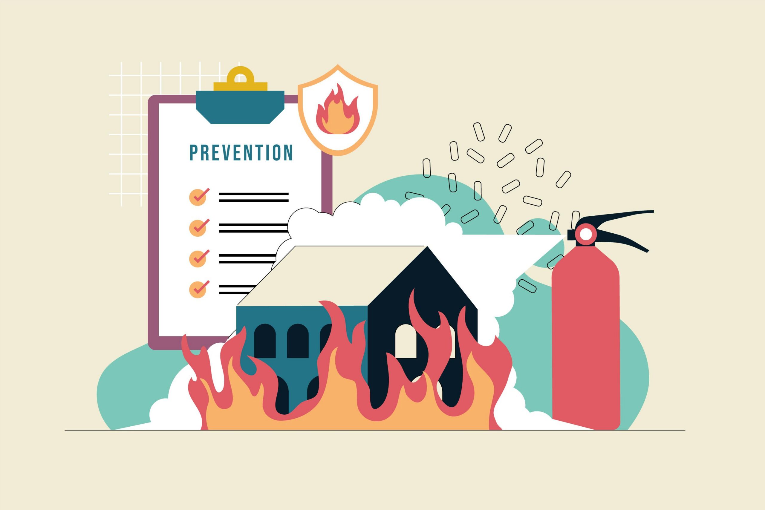 "Fire prevention at home, fire extinguisher, clipboard illustration"