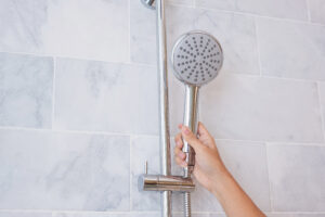 "hand holding showerhead bathroom"